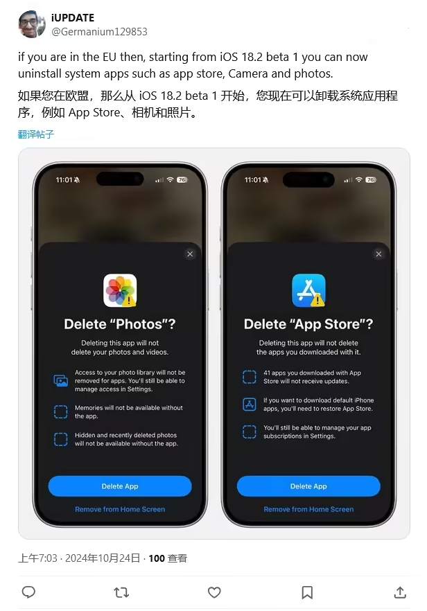 上栗苹果手机维修分享iOS 18.2 支持删除 App Store 应用商店 